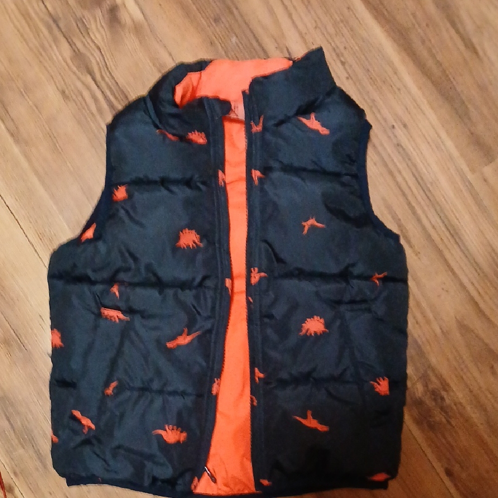 Reversible Dinosaur Puffer Vest - Black and Orange